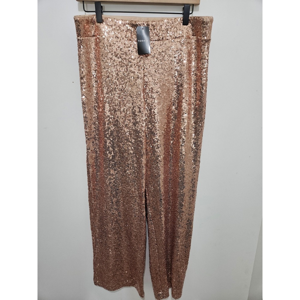 Torrid Rose Gold Sequin Wide Leg Pants High Waist Champagne Size 00 M/L 10 NEW